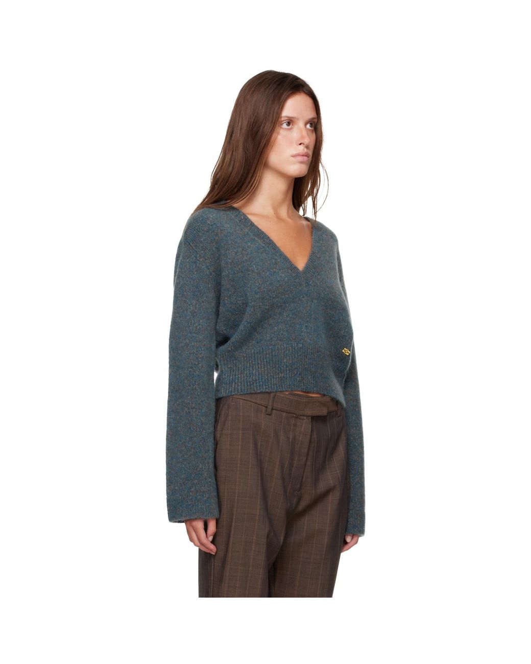 Ganni Gray Melange Mohair Deep V-Neck Sweater
