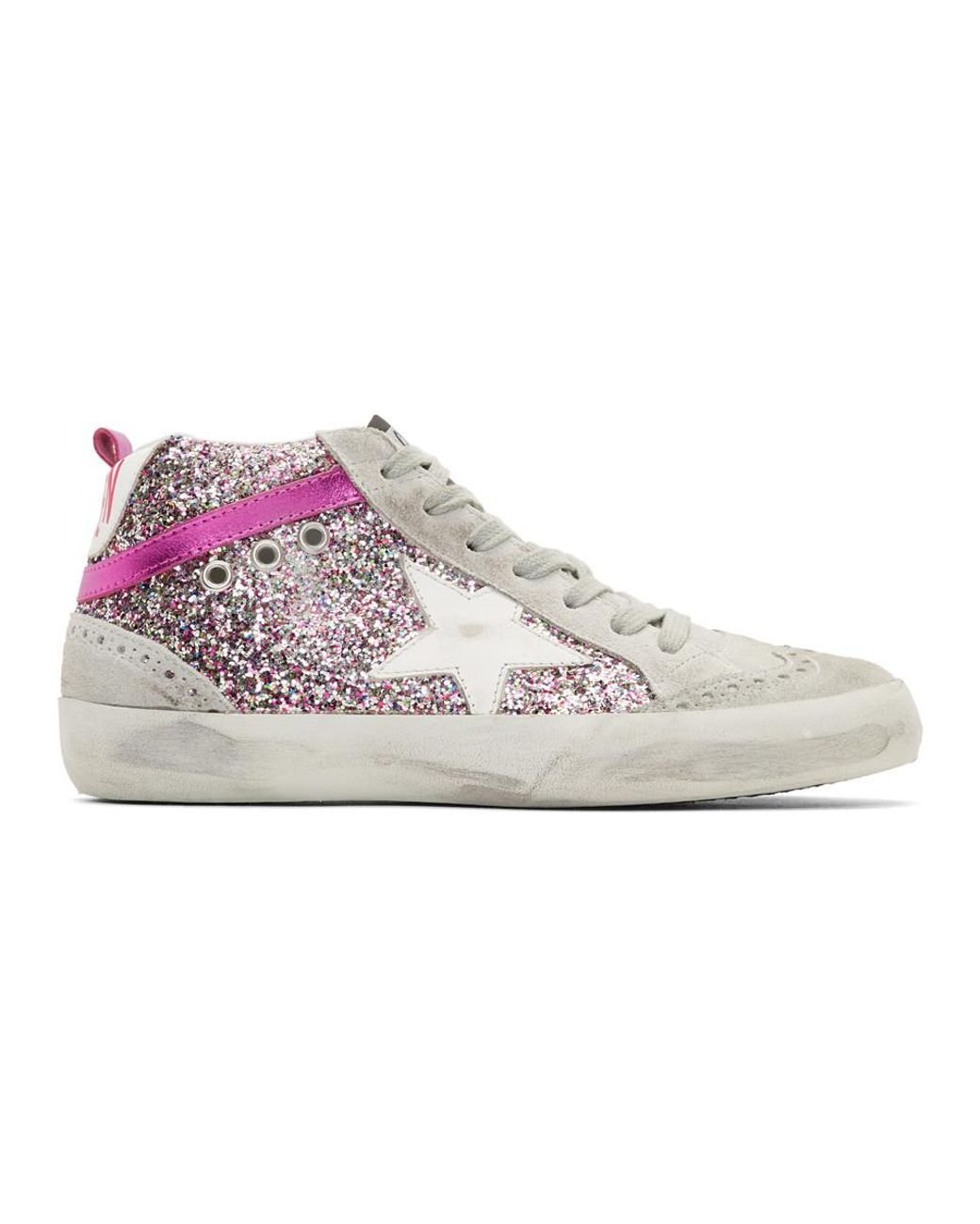 Golden Goose Grey And Pink Glitter Mid Star Sneakers | Lyst