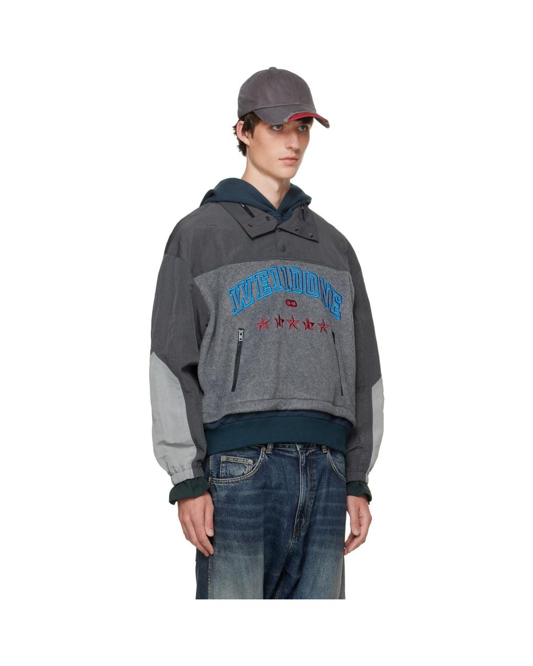we11done Blue Layered Fleece Hoodie for men