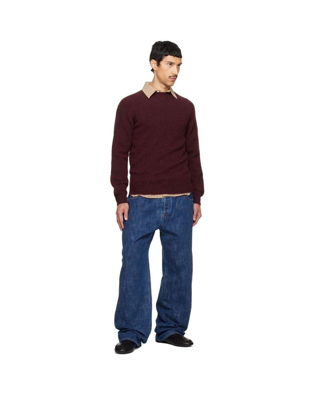 Drake's Red Burgundy Brushed Shetland Crew Neck Sweater for men