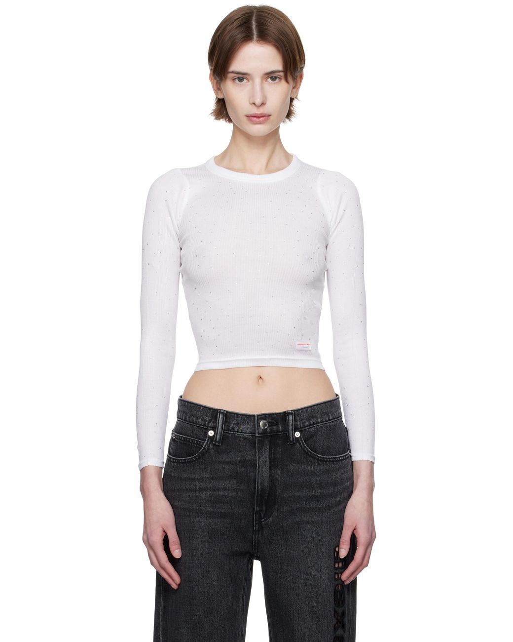 Alexander Wang ☆Crystal Hotfix 長袖 クルーネックTシャツ Alexander Wang ホワイト Crystal Hotfix 長袖 クルーネックT