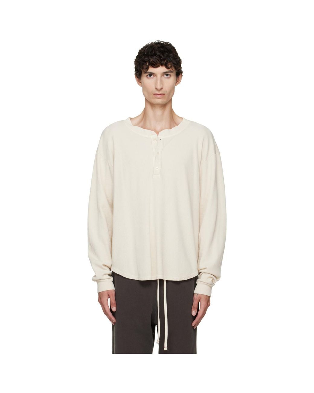 Les Tien White Off- Thermal Baseball Hem Henley for men