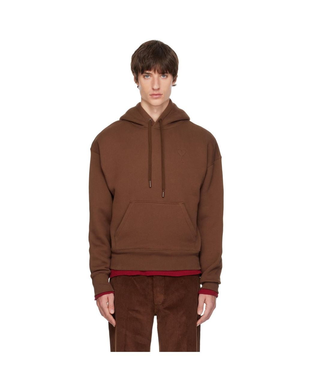 AMI Brown Cotton Embossed Ami De Coeur Hoodie for men