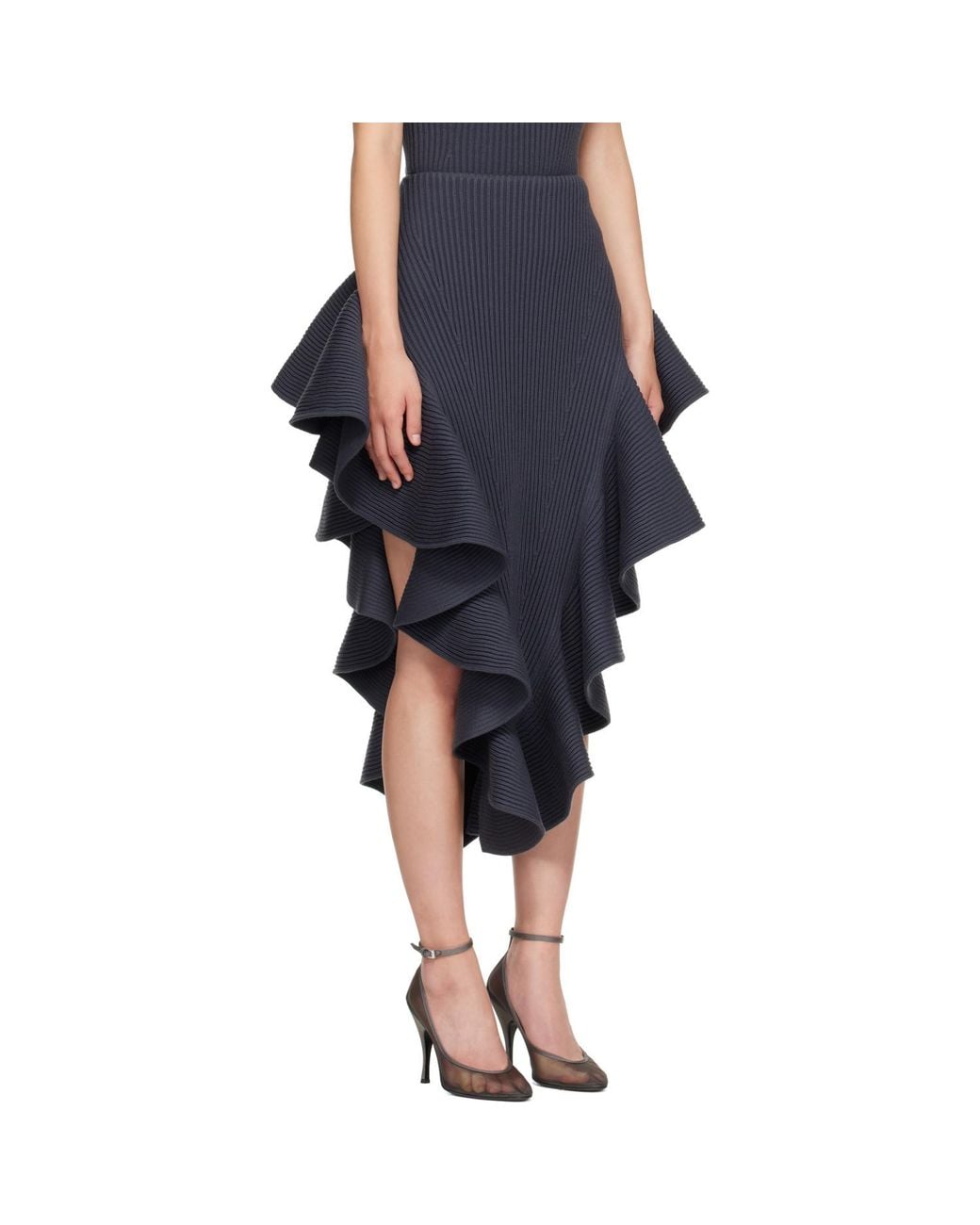 Alaïa Blue Ribbed Ruffle Midi Skirt