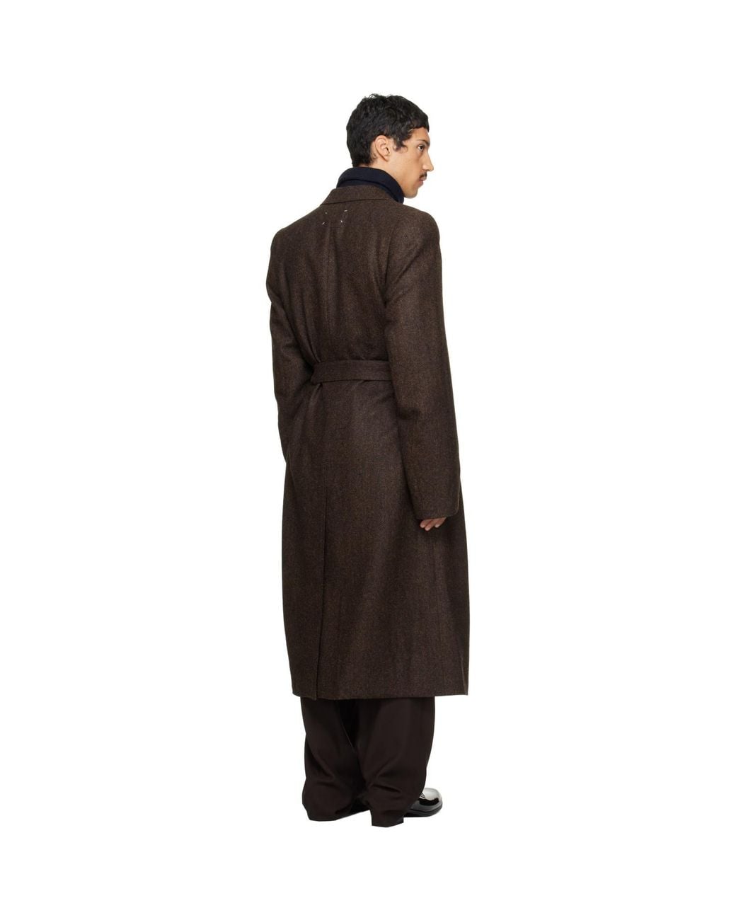 Maison Margiela Black Belted Herringbone Wool Coat for men