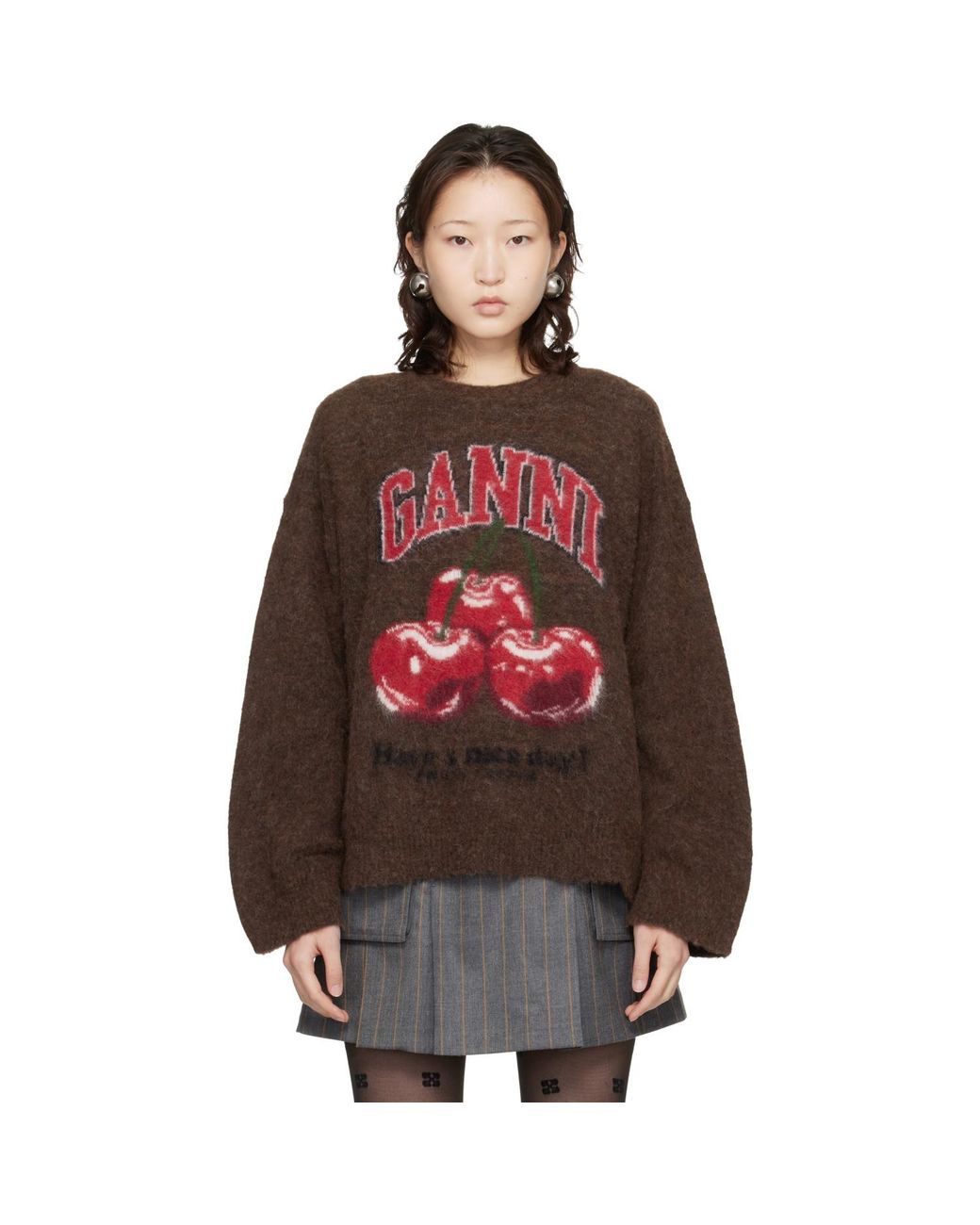 Ganni Red Brushed Alpaca Graphic Oversized Sweater