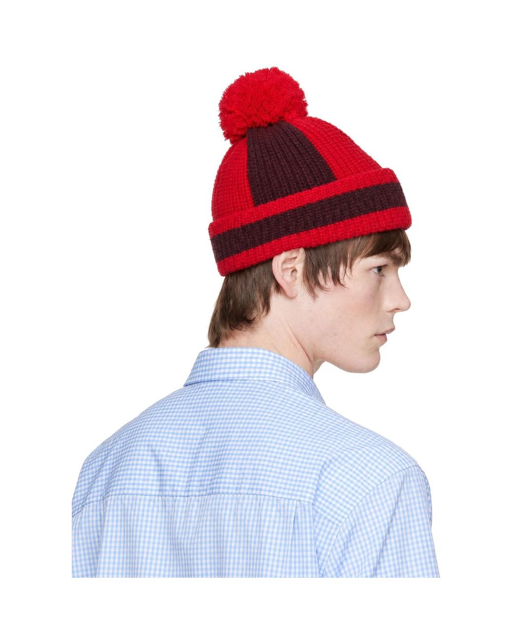 Charles Jeffrey Blue Burgundy Pom Pom Beanie for men