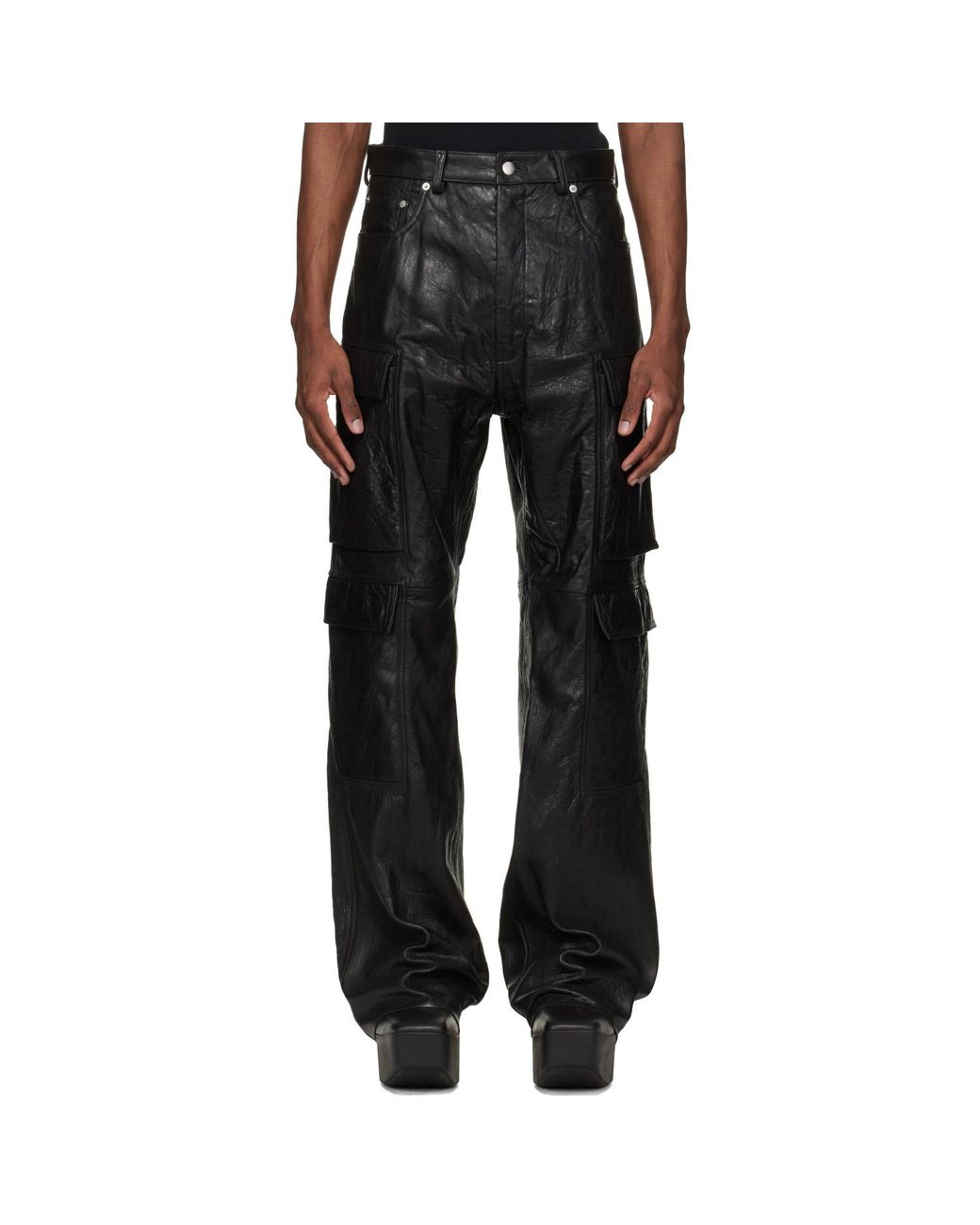 Rick Owens Black Temple Geth Leather Cargo Pants for men