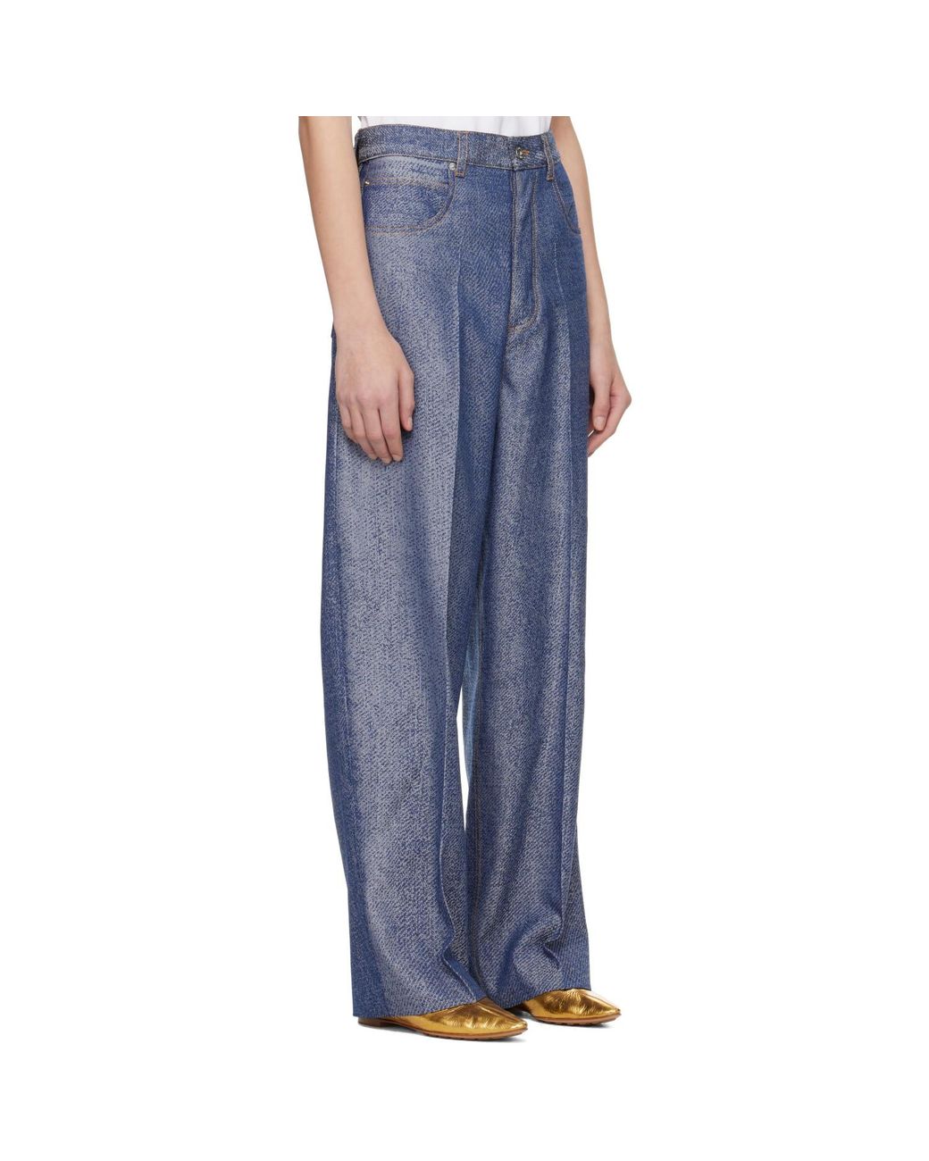 Bottega Veneta Blue Denim Jacquard Wide Leg Trousers