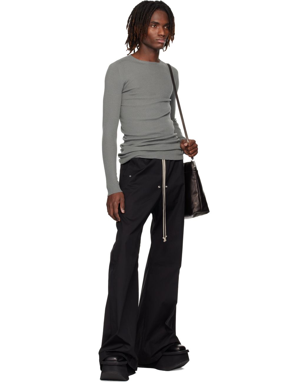 メンズ Rick Owens グレー Temple リブ ラウンドネック セーター Black