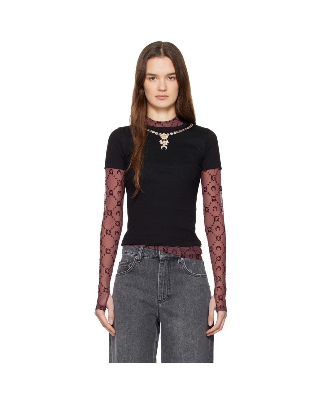 MARINE SERRE Black Trompe L'Oeil Jewelry Jersey Baby Fit T-Shirt