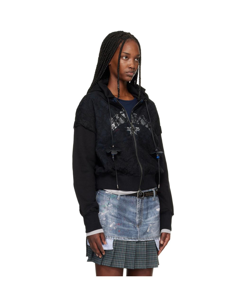ANDERSSON BELL Black Lace Layered Zip Up Hoodie