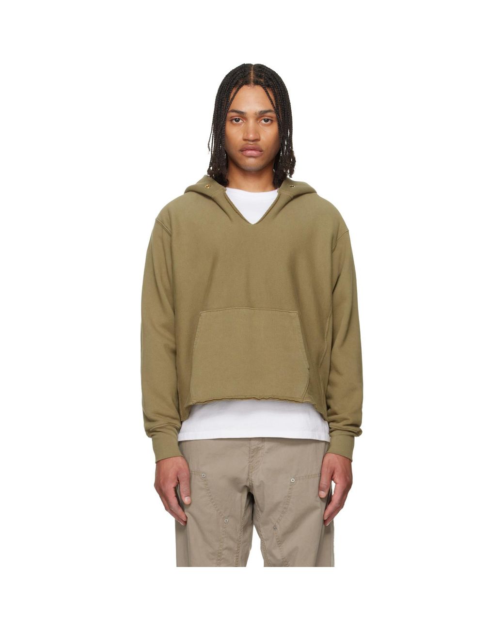 Les Tien Green Khaki Heavyweight Raw Cropped Hoodie for men