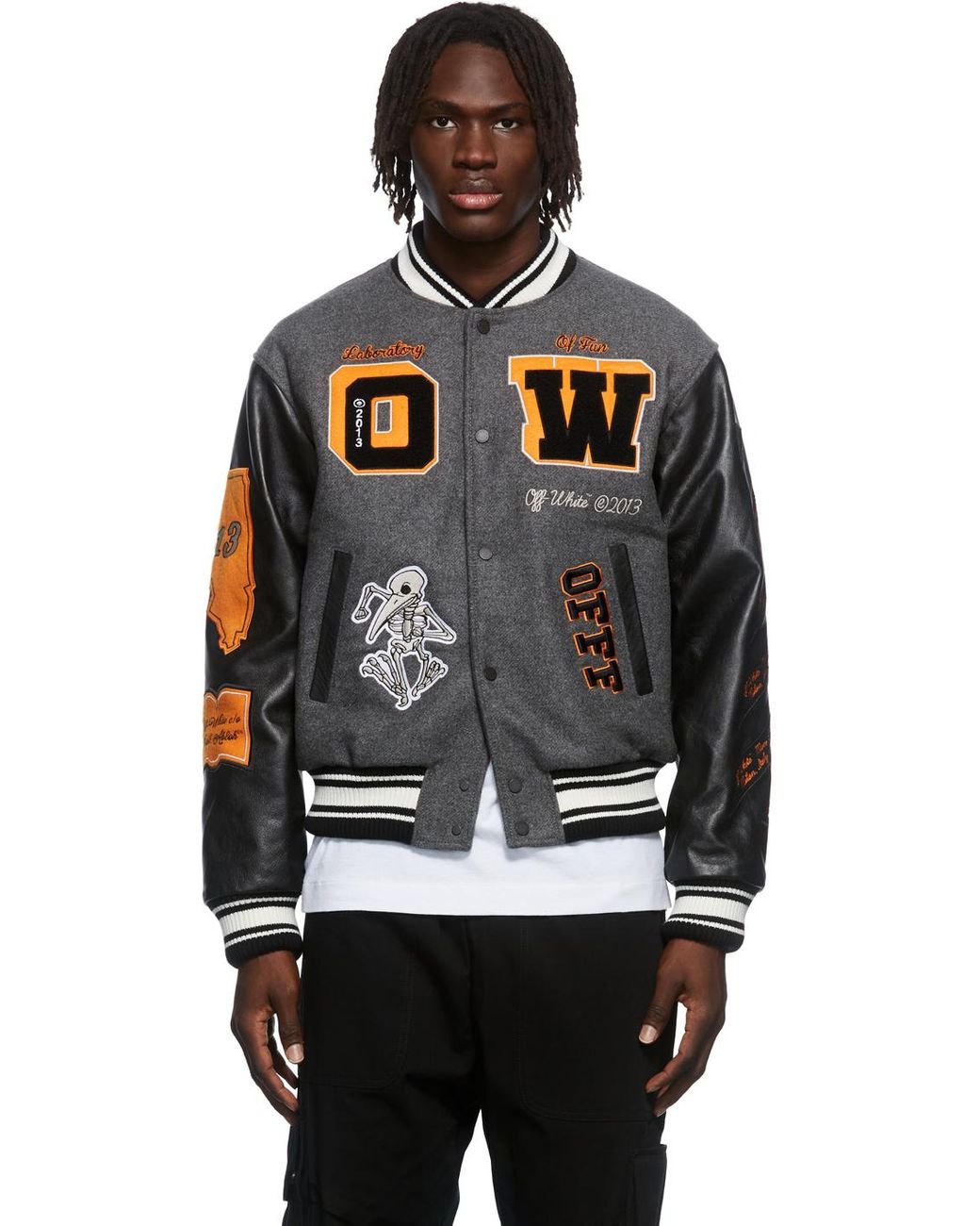 OffWhite c/o Virgil Abloh Leather Varsity Jacket in Grey (Gray) for