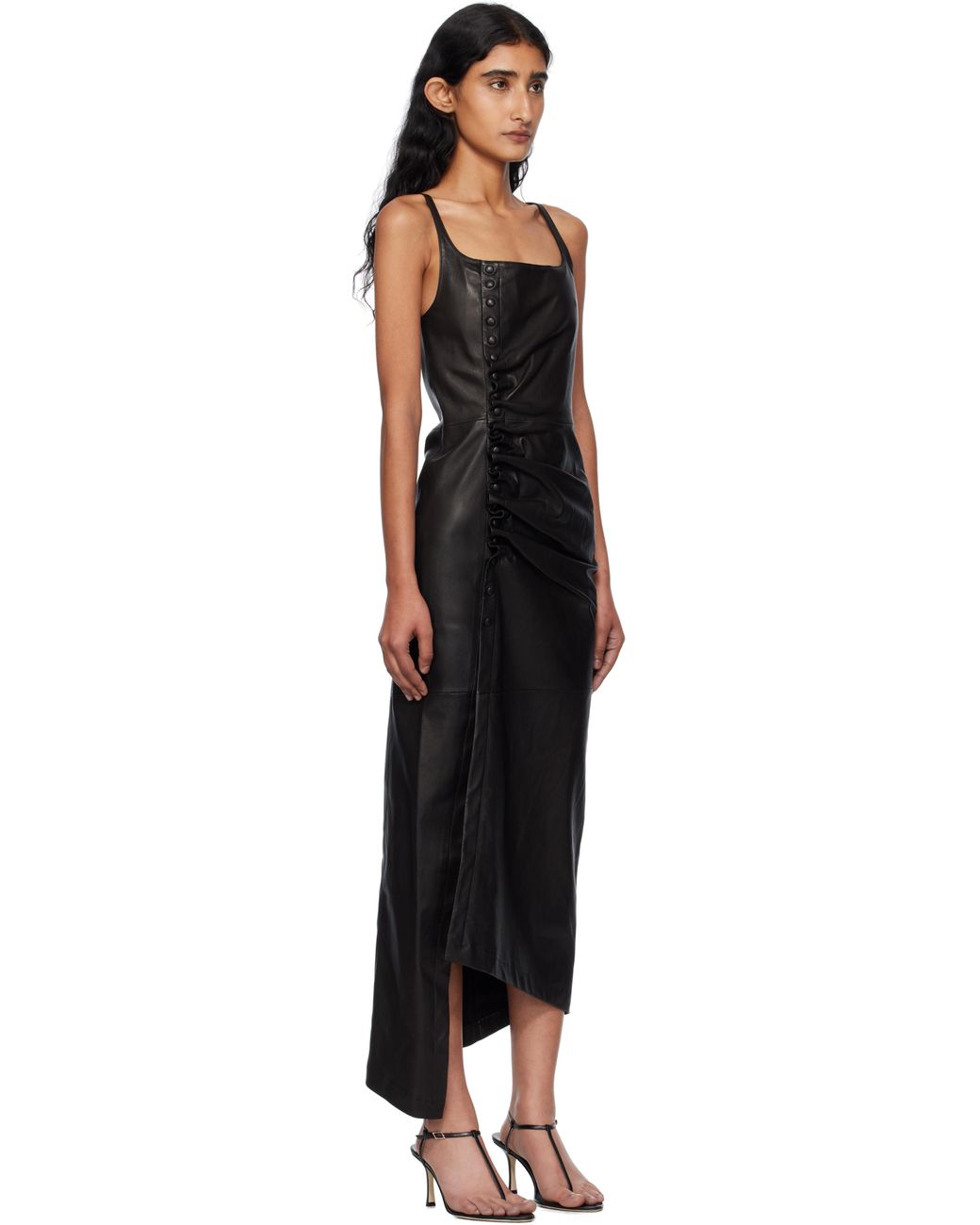 Rabanne Black Draped Leather Midi Dress