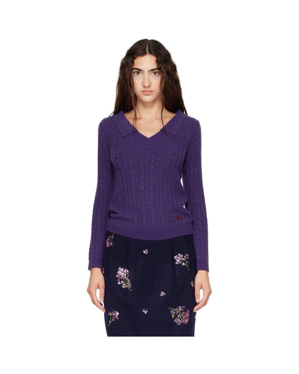 ShuShu/Tong Purple V-neck Cable Knit Sweater