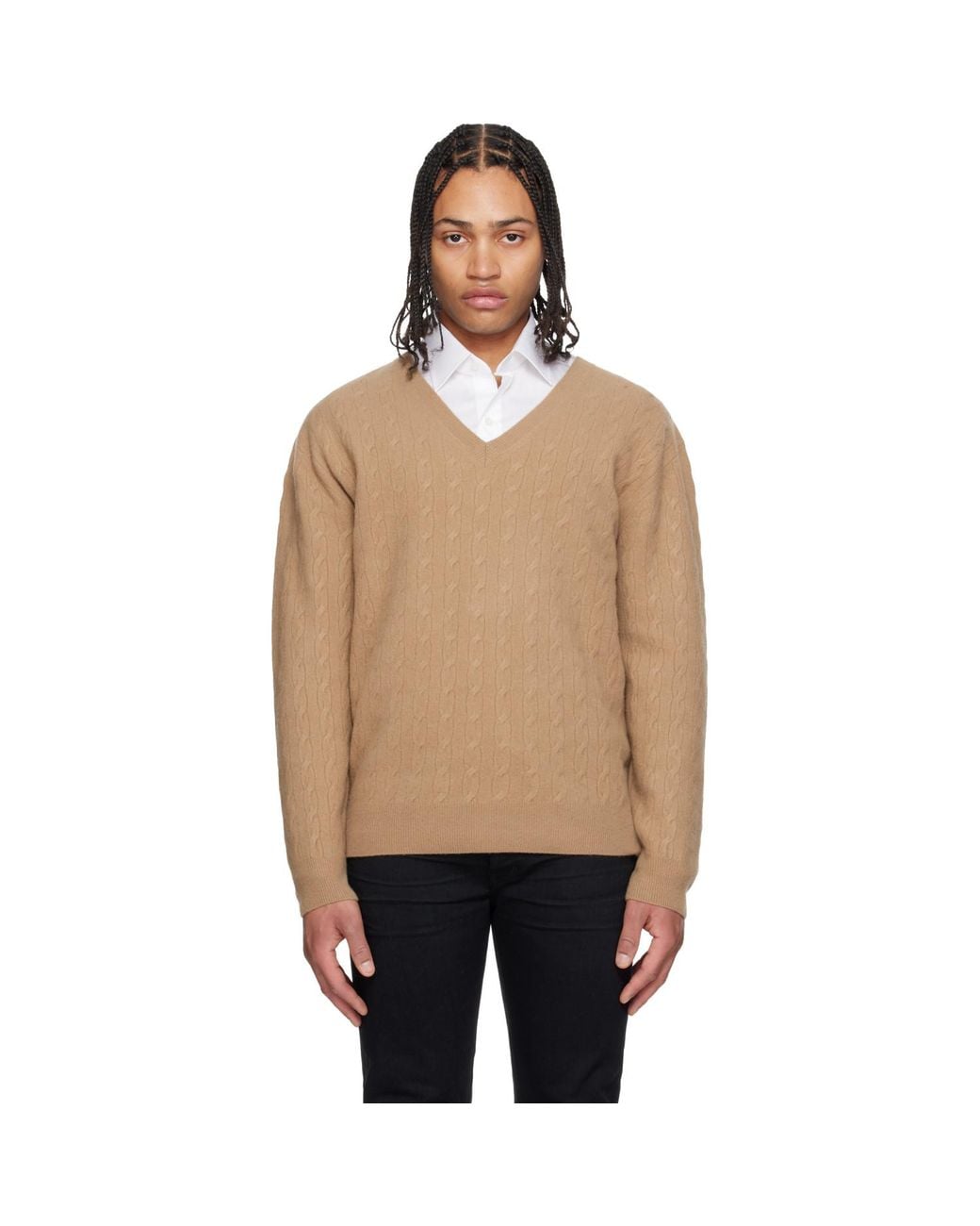 Tom Ford Black Tan Cable Lambswool Ls V-Neck Sweater for men
