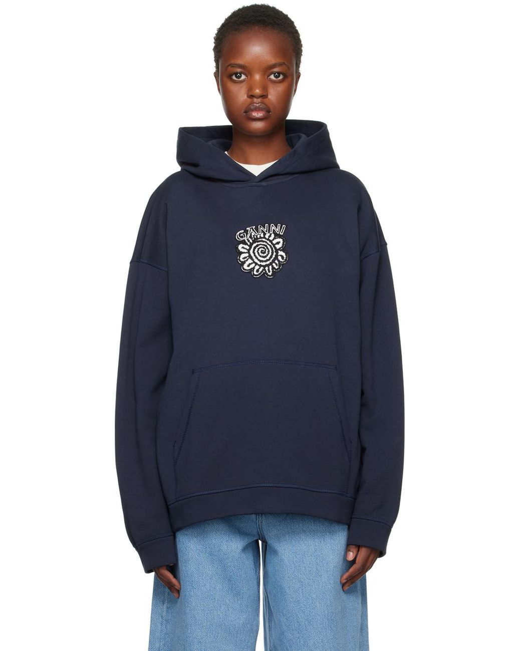Ganni Navy Isoli Flower Hoodie in Blue Lyst UK