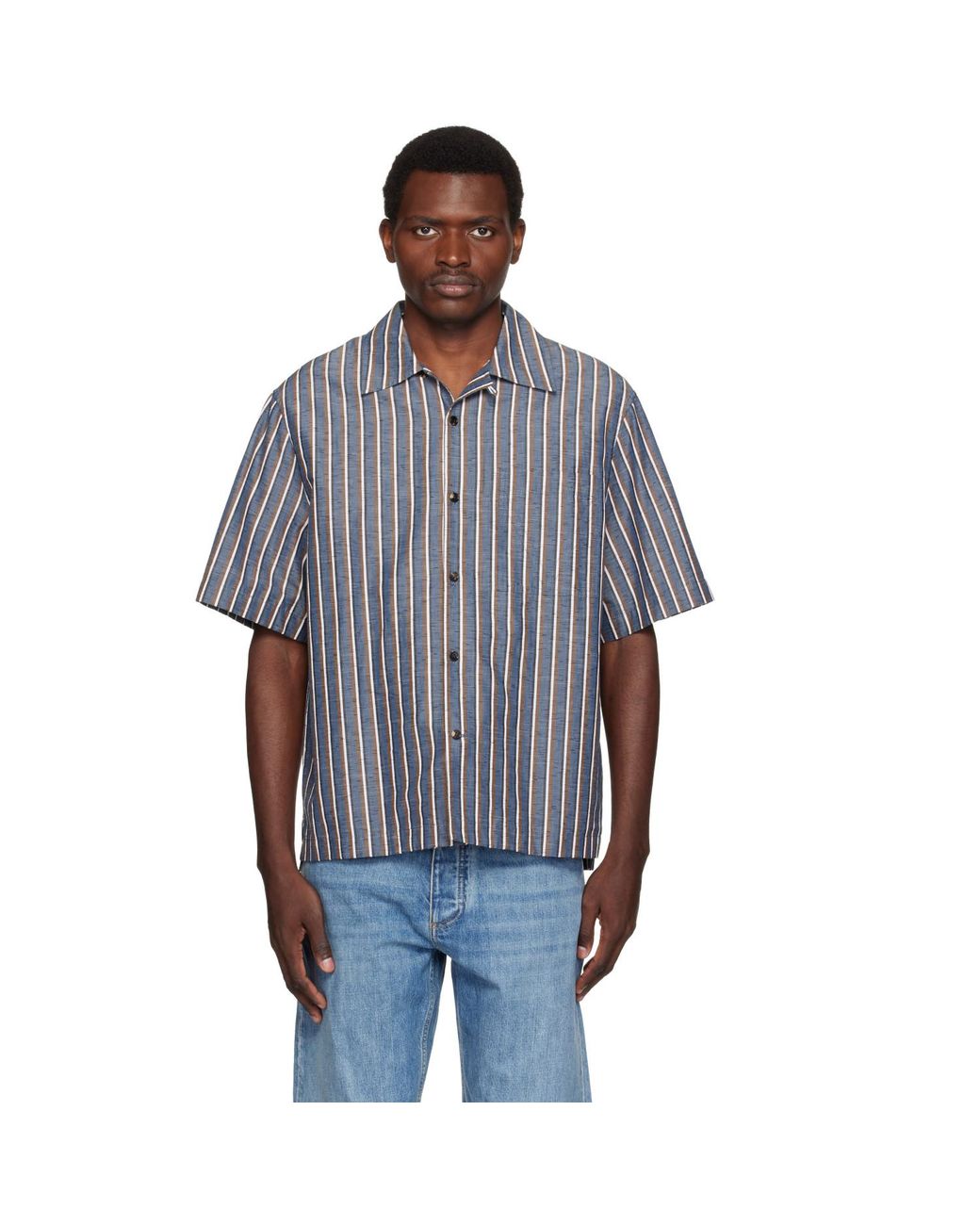 Bottega Veneta Blue Bold Cotton Linen Stripe Shirt for men