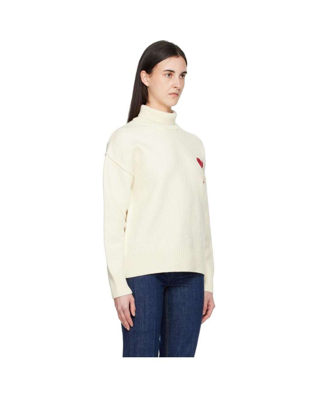 AMI Blue Off- Contrasted Ami De Coeur Funnel Neck Sweater