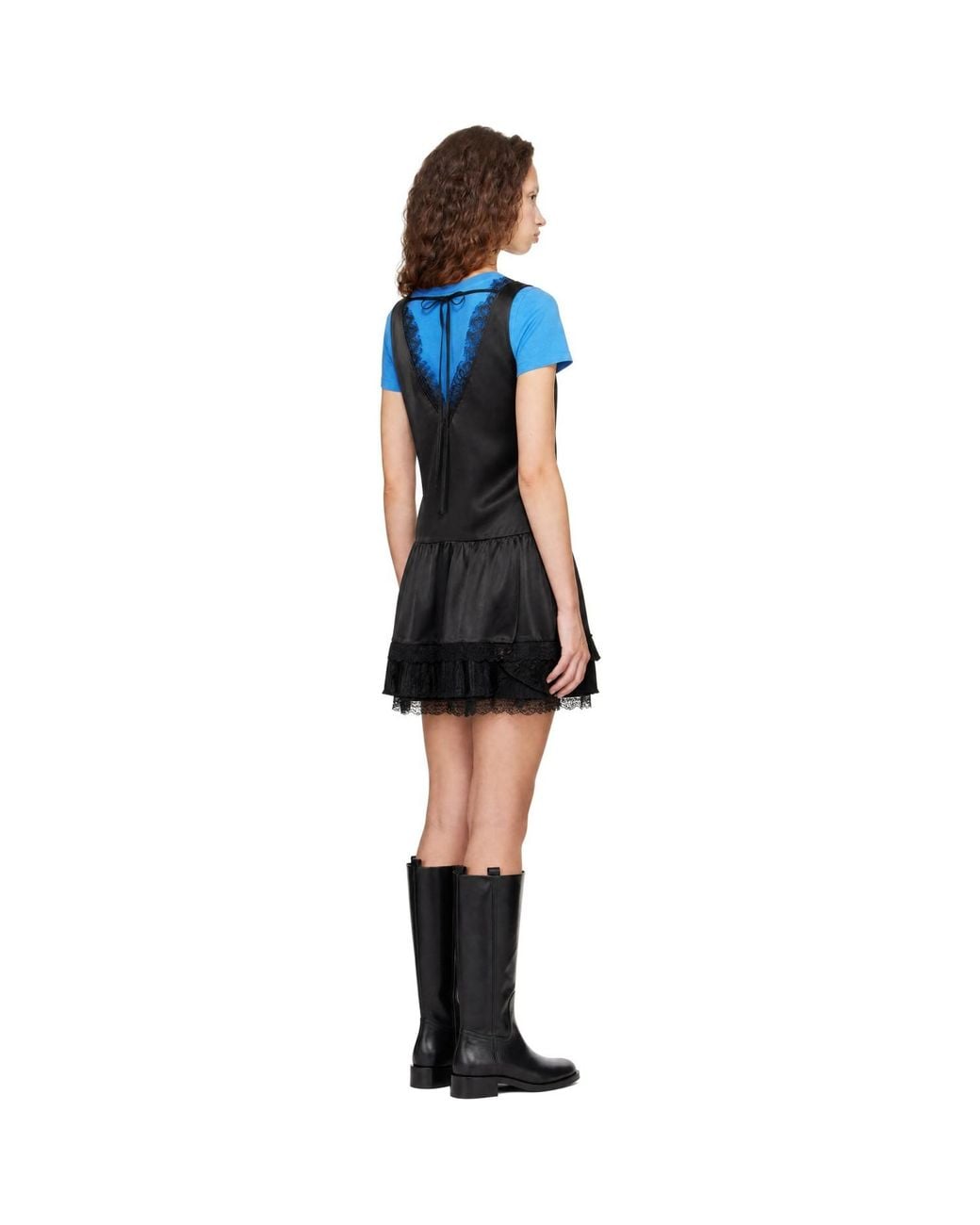 Ganni Blue Fluid Satin V-Neck Lace Mini Dress