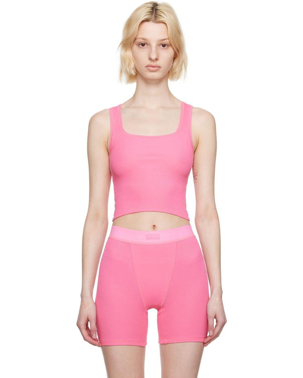 Skims Cotton Rib Crop Tank Top in Pink