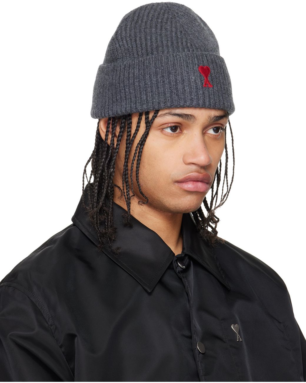 メンズ AMI グレー Contrasted Ami De Coeur ウール ビーニー Black
