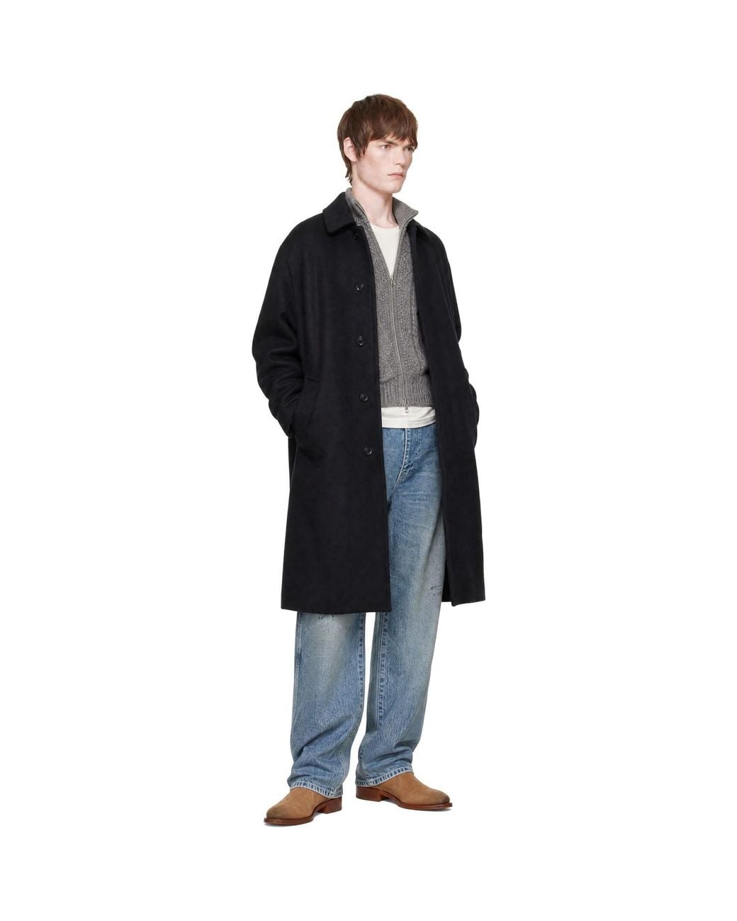 vowels Black Wool Overcoat for men