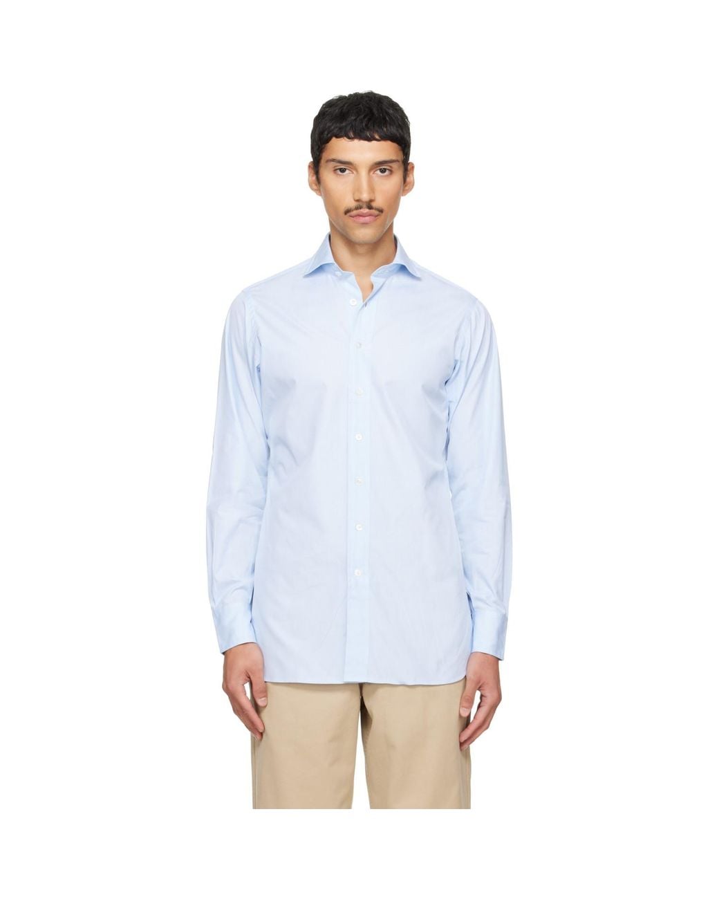 Drake's Blue Cotton Spread Collar End-On-End Poplin Shirt for men