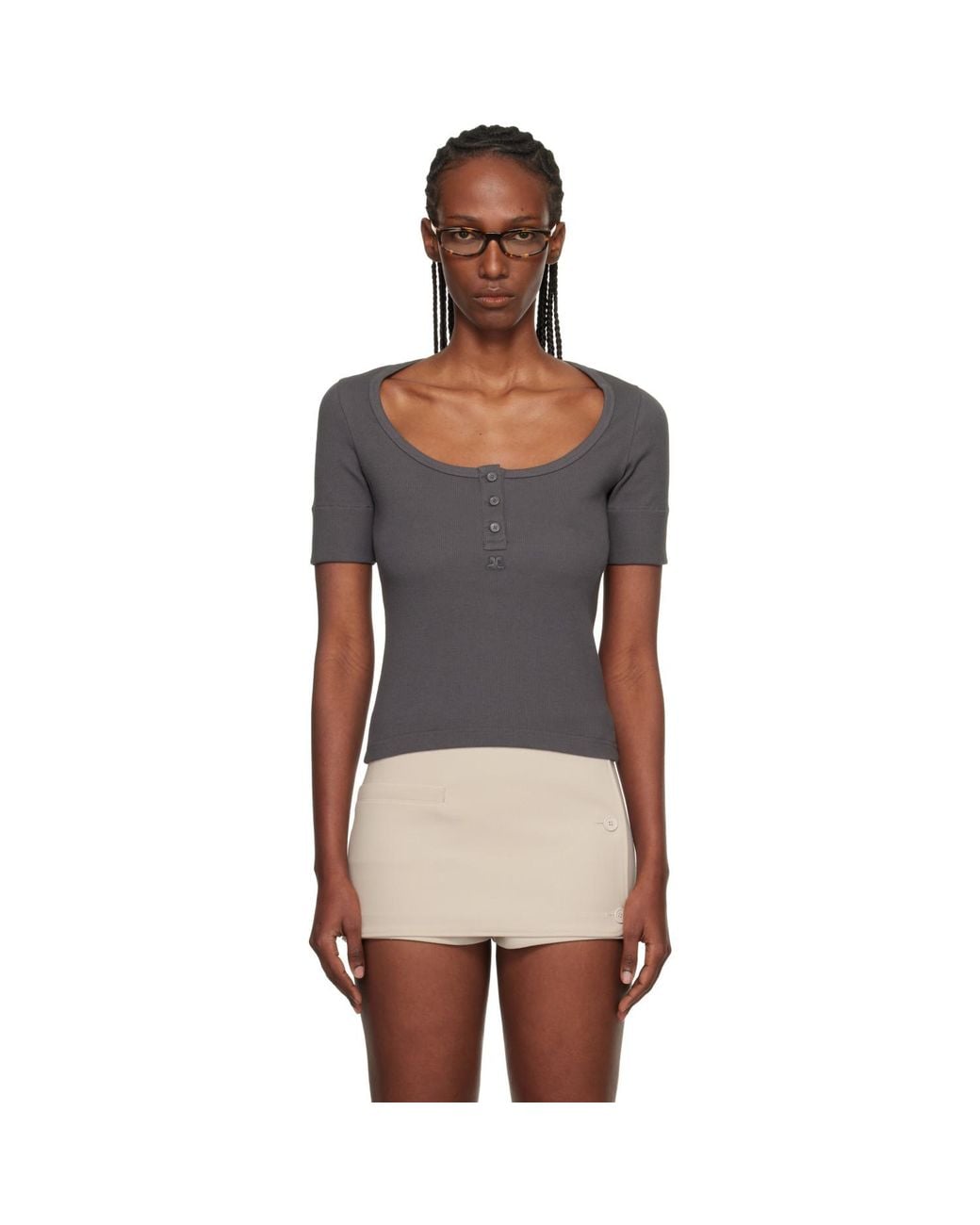 Courreges Black Buttoned 90's Rib T-Shirt