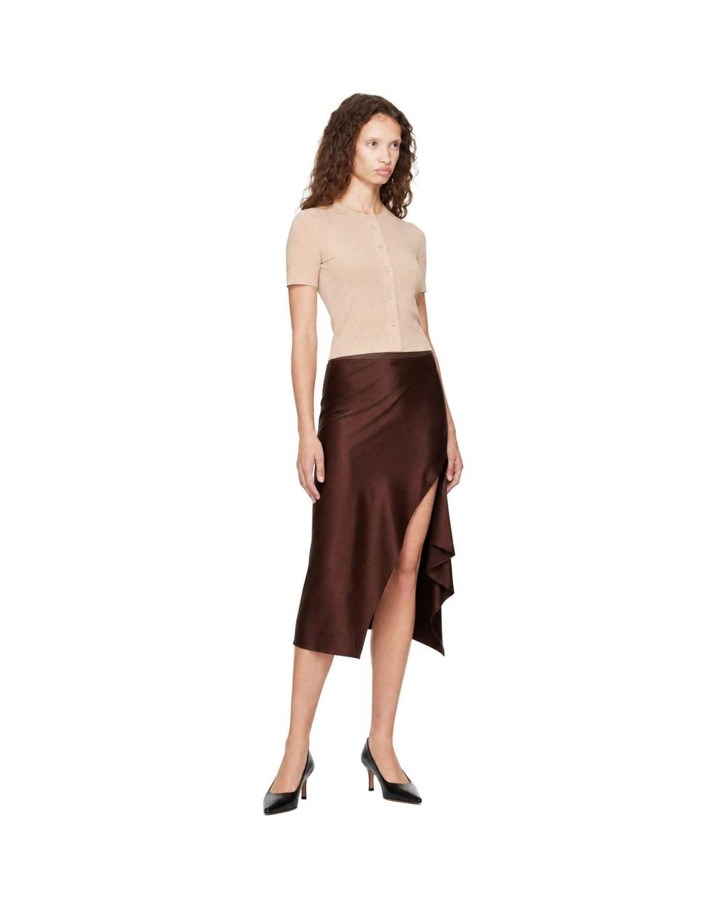 Helmut Lang Brown Silk Slip Midi Skirt