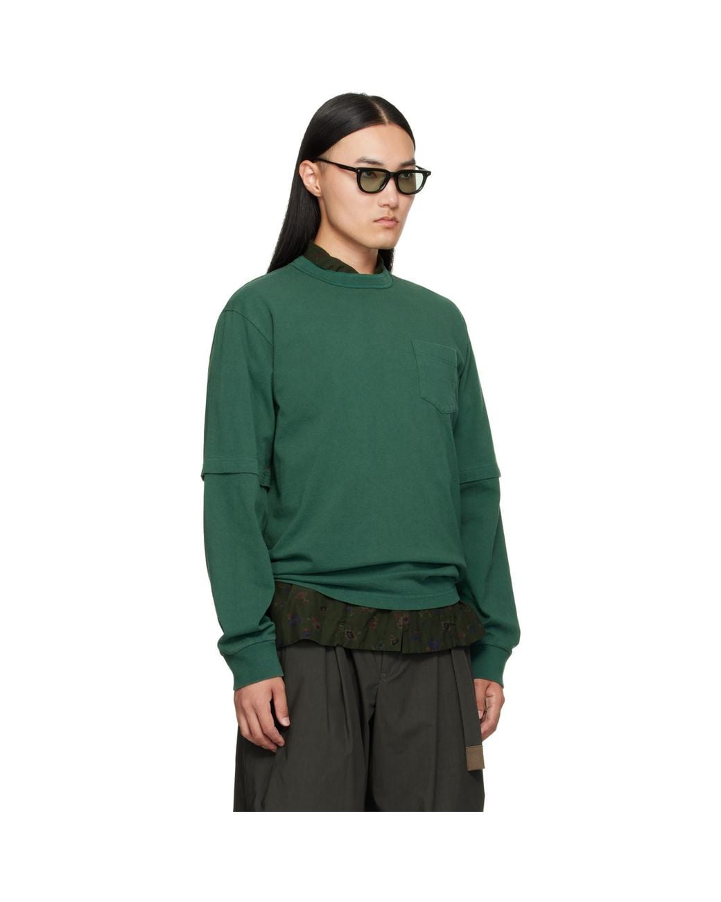 Sacai Green Cotton Jersey L/S T-Shirt for men