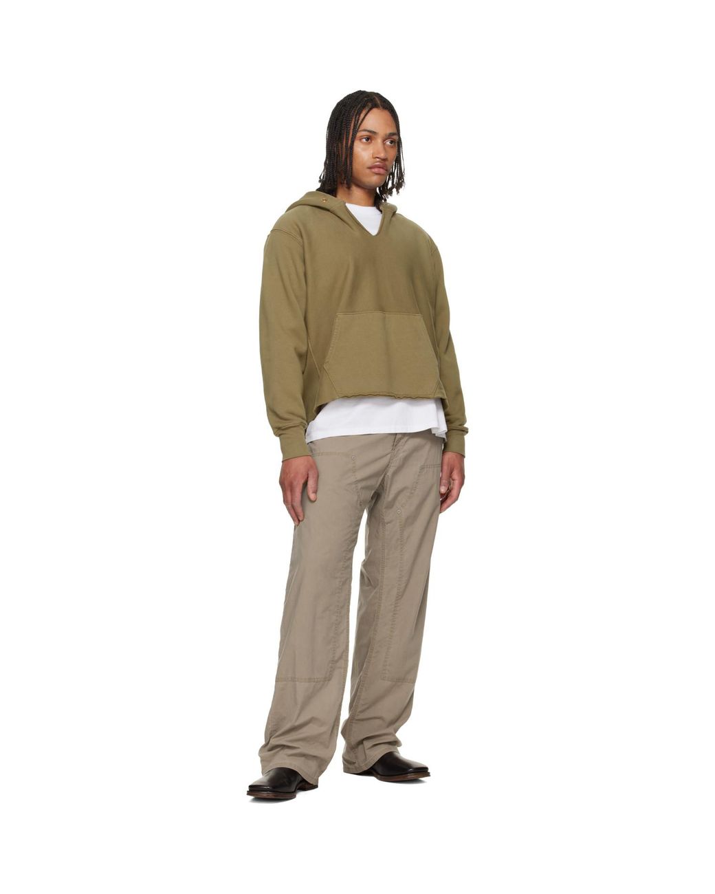Les Tien Green Khaki Heavyweight Raw Cropped Hoodie for men