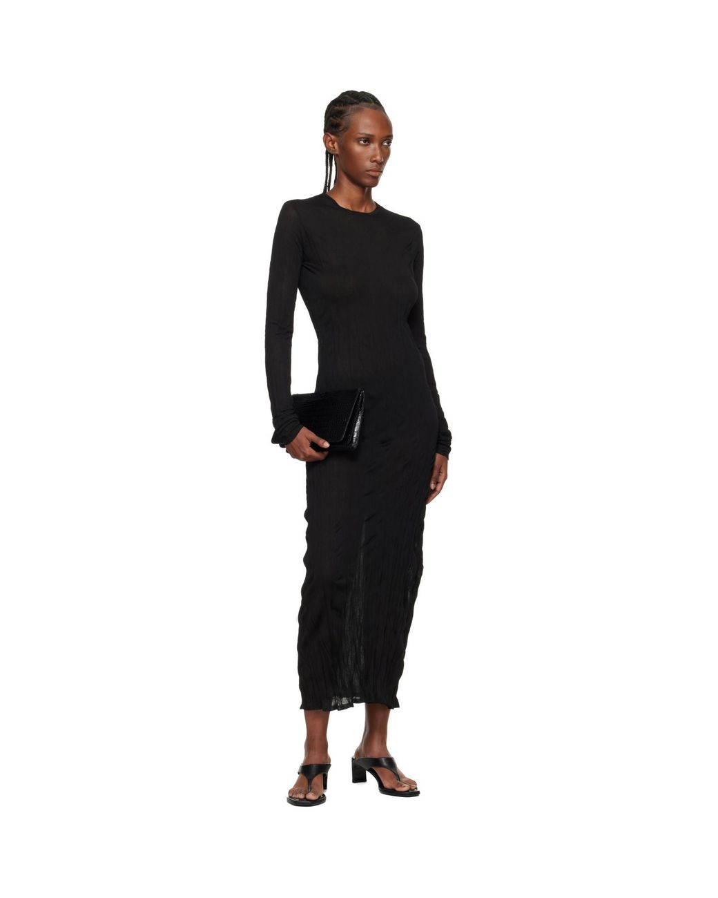 Totême  Black Crinkled Knit Long-Sleeve Midi Dress