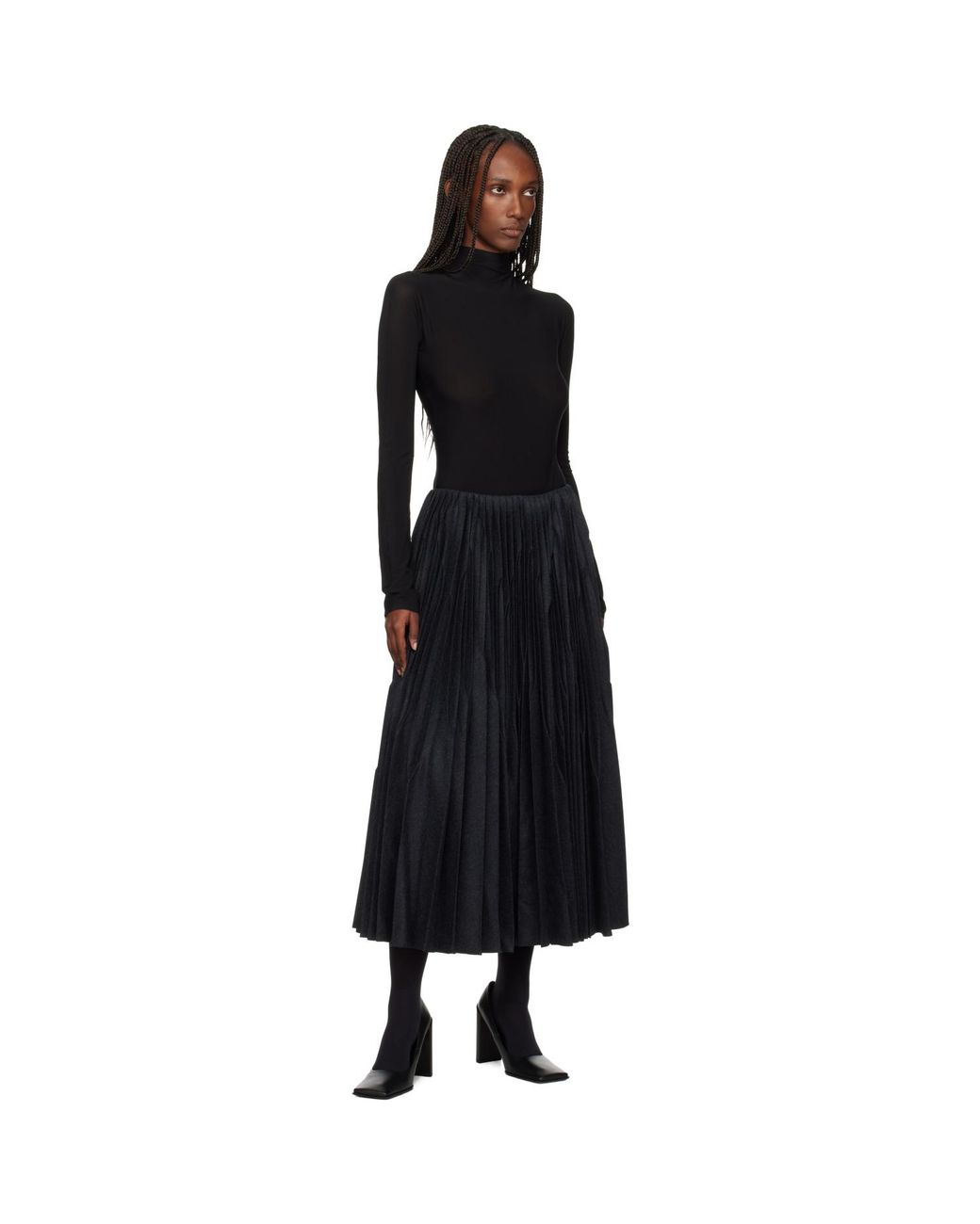 Alaïa Black Pleated Wool Midi Skirt