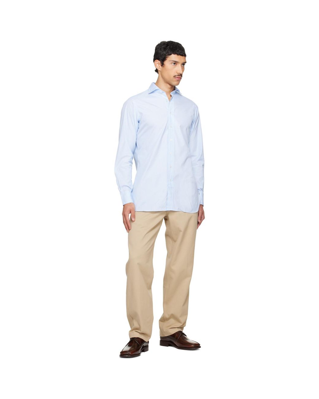 Drake's Blue Cotton Spread Collar End-On-End Poplin Shirt for men