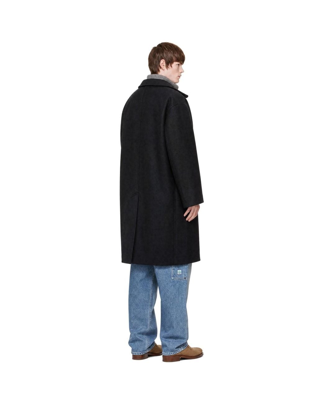 vowels Black Wool Overcoat for men