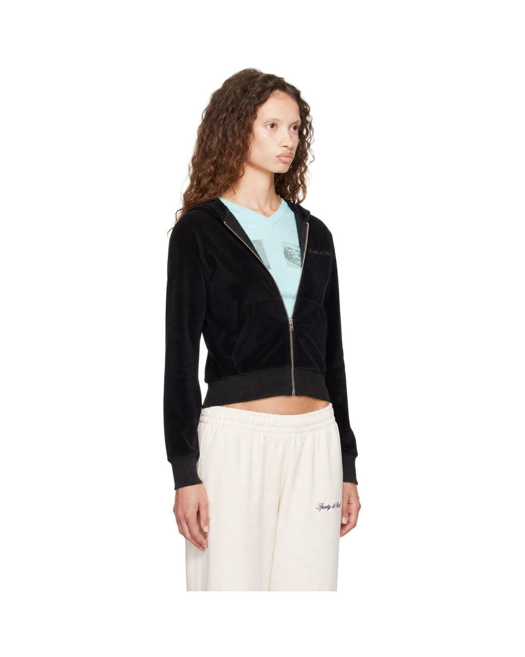 Sporty & Rich Black Signature Logo Krystal Zip Hoodie
