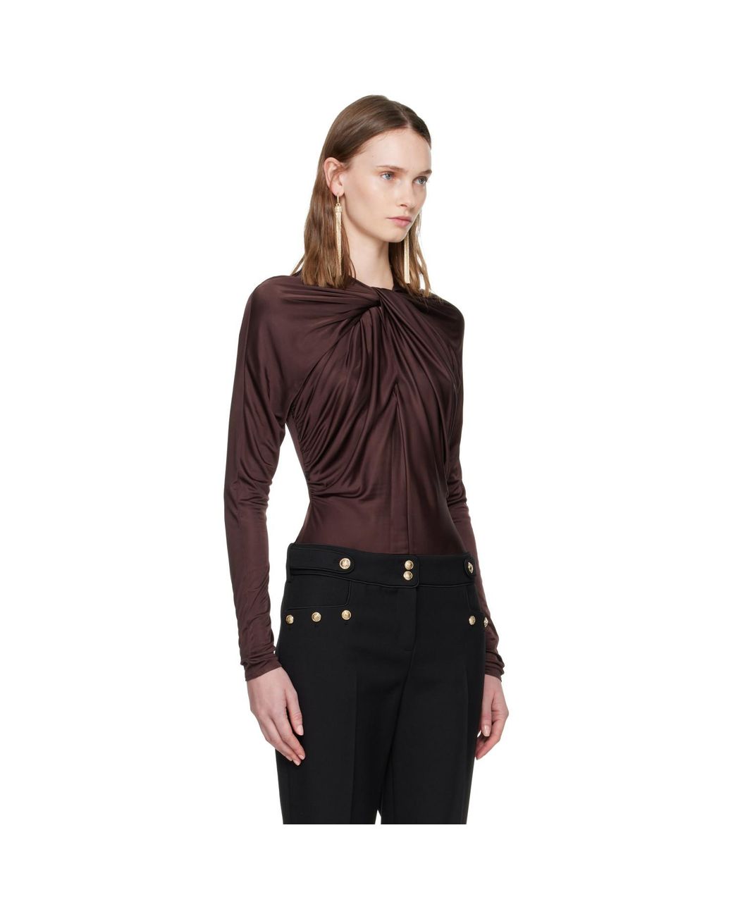 Balmain Red Burgundy Ls Twist Detail Bodysuit