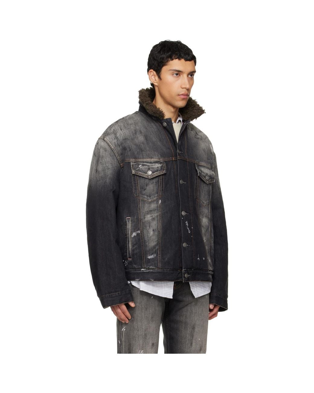 Acne Black Washed Paint Splattered Faux Shearling Denim Jacket for men