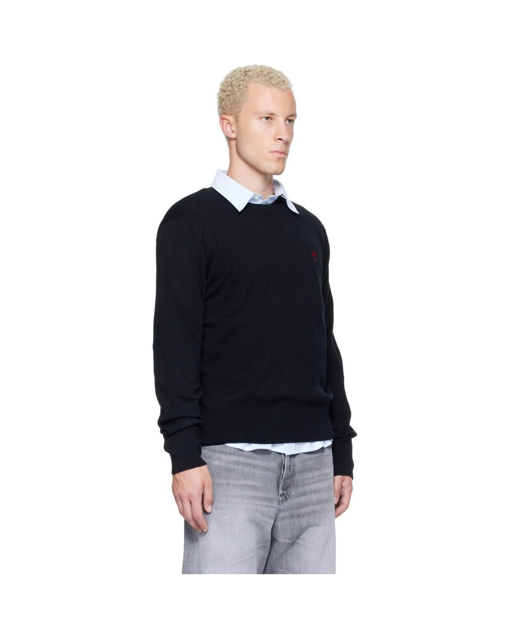 AMI Black Crewneck Wool Ami De Coeur Sweater for men