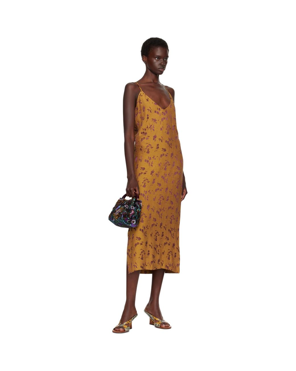 Dries Van Noten Brown Tan Jacquard Midi Dress