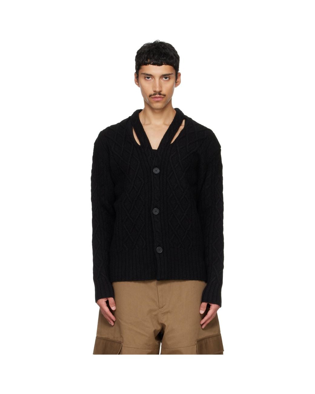 Simone Rocha Black Cable Knit Slash Cardigan for men