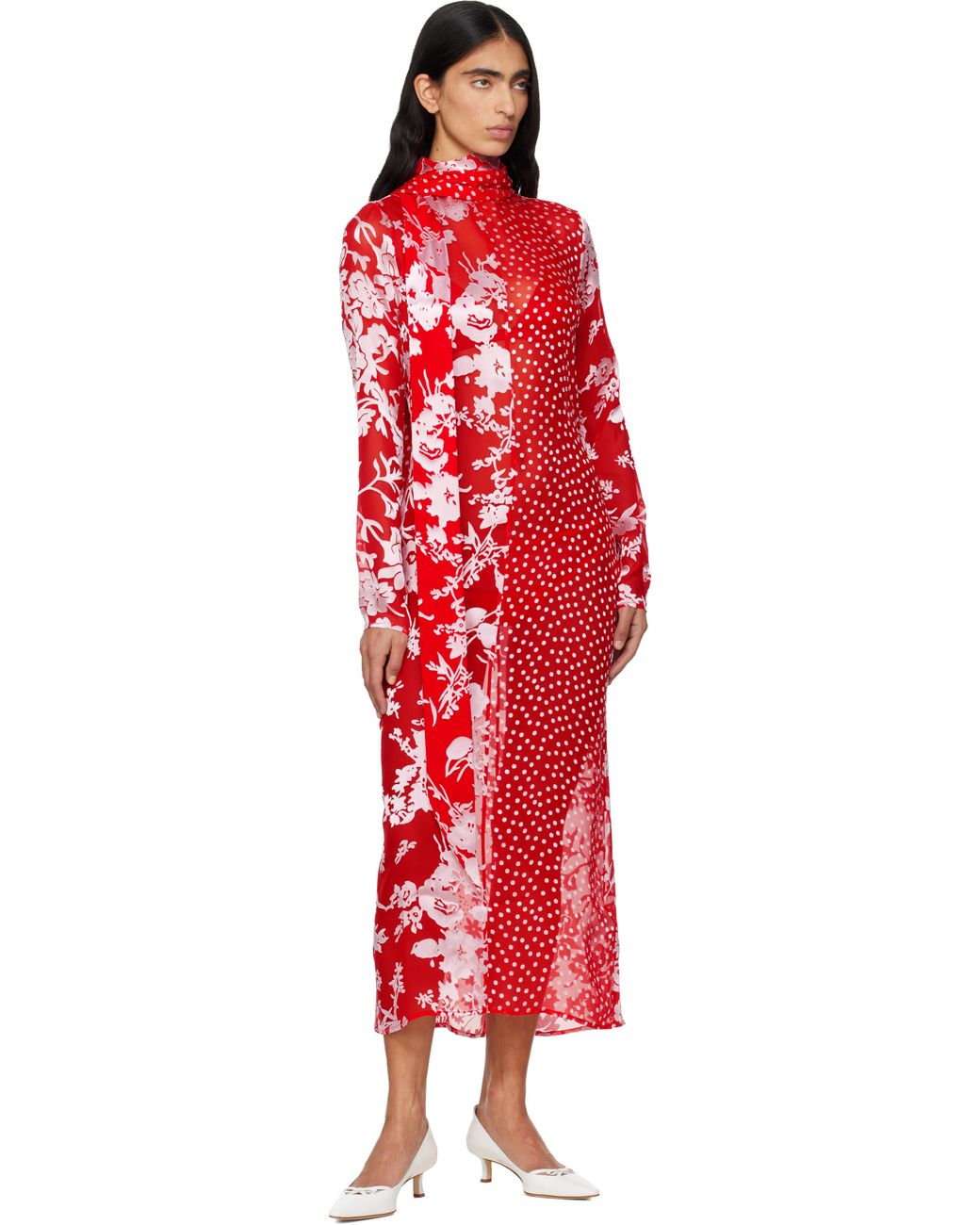 MARINE SERRE Red Regenerated Raso Silk Scarves Ls Maxi Dress
