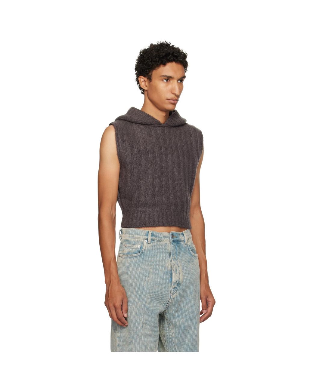 Rick Owens Gray Tower Cropped Hooded Tank Top for men
