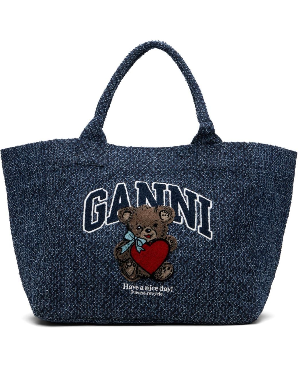 Ganni Blue Medium Trapeze Bear Denim Shopper Tote