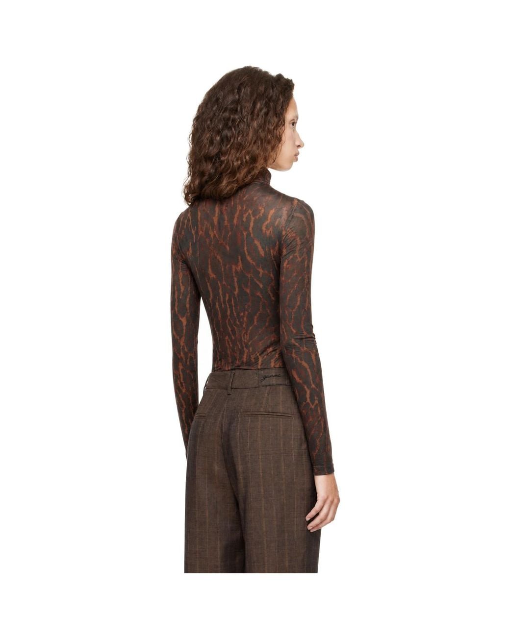 Ganni Brown Printed Jersey Turtleneck