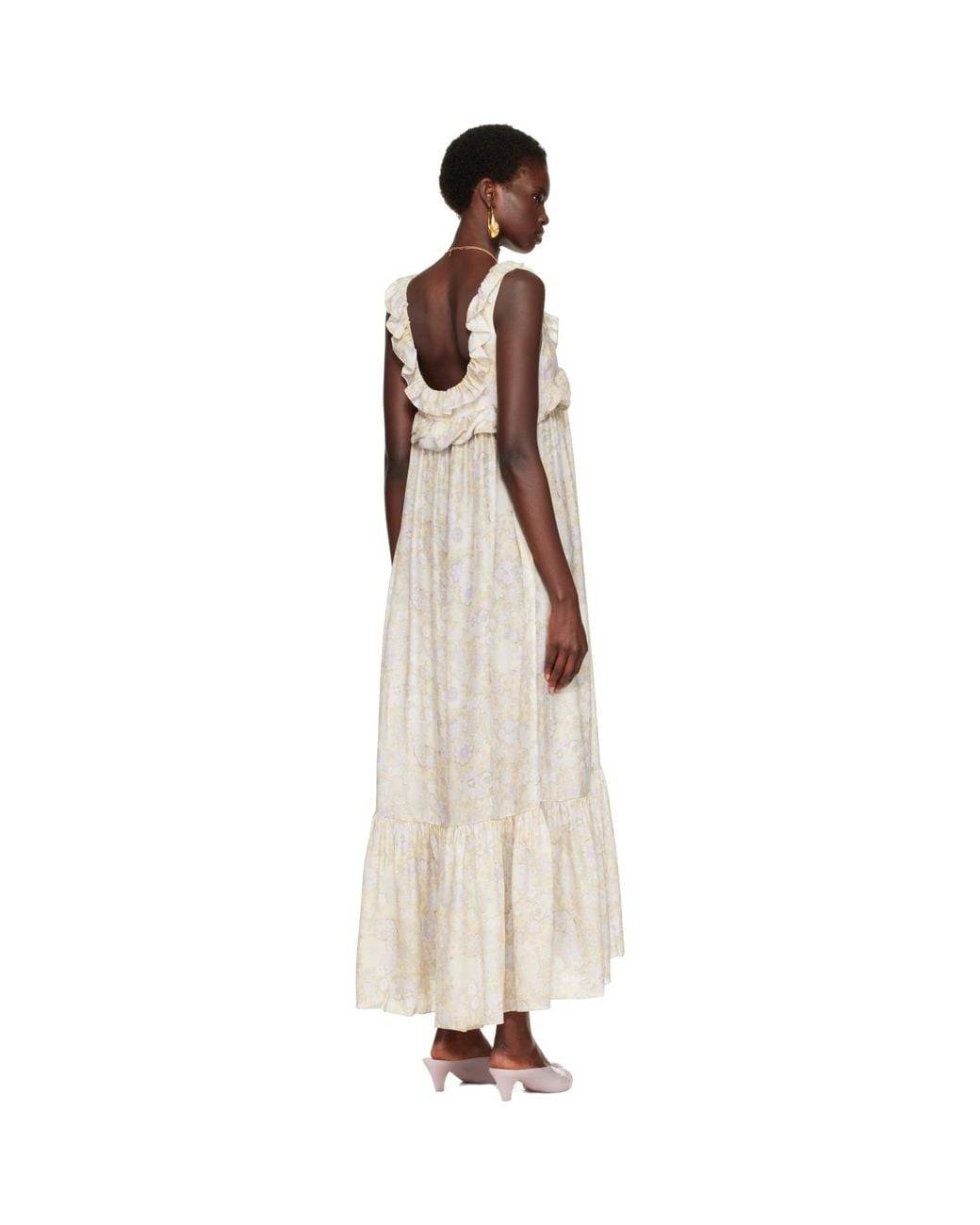 Chloé Natural Painted Flowers Print Silk Charmeuse Maxi Dress