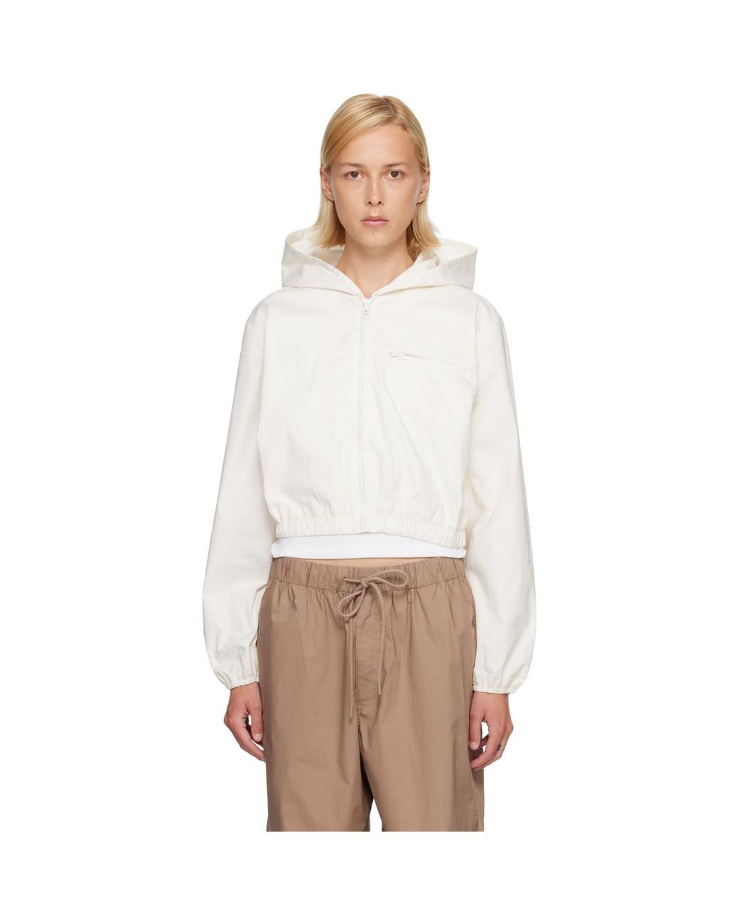Skims White Off- Woven Cotton Cropped Zip Up Jacket