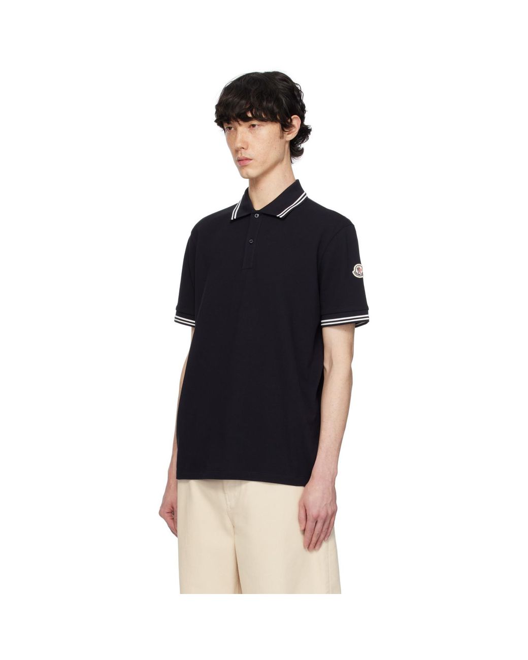 Moncler Black Striped Trim Cotton Piquet Polo for men